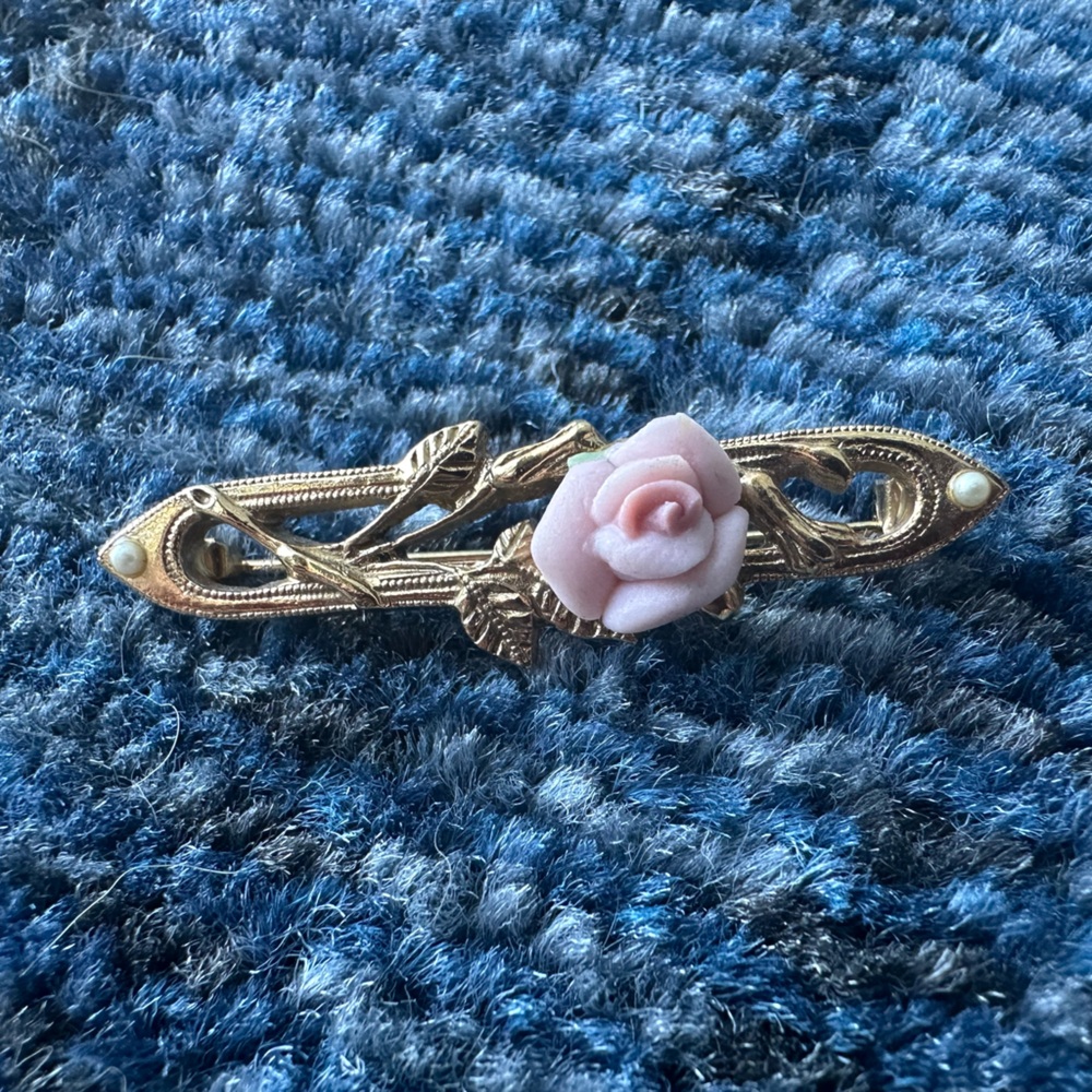 Dainty Pink/Blush Porcelain Rose Bar Pin Gold Tone